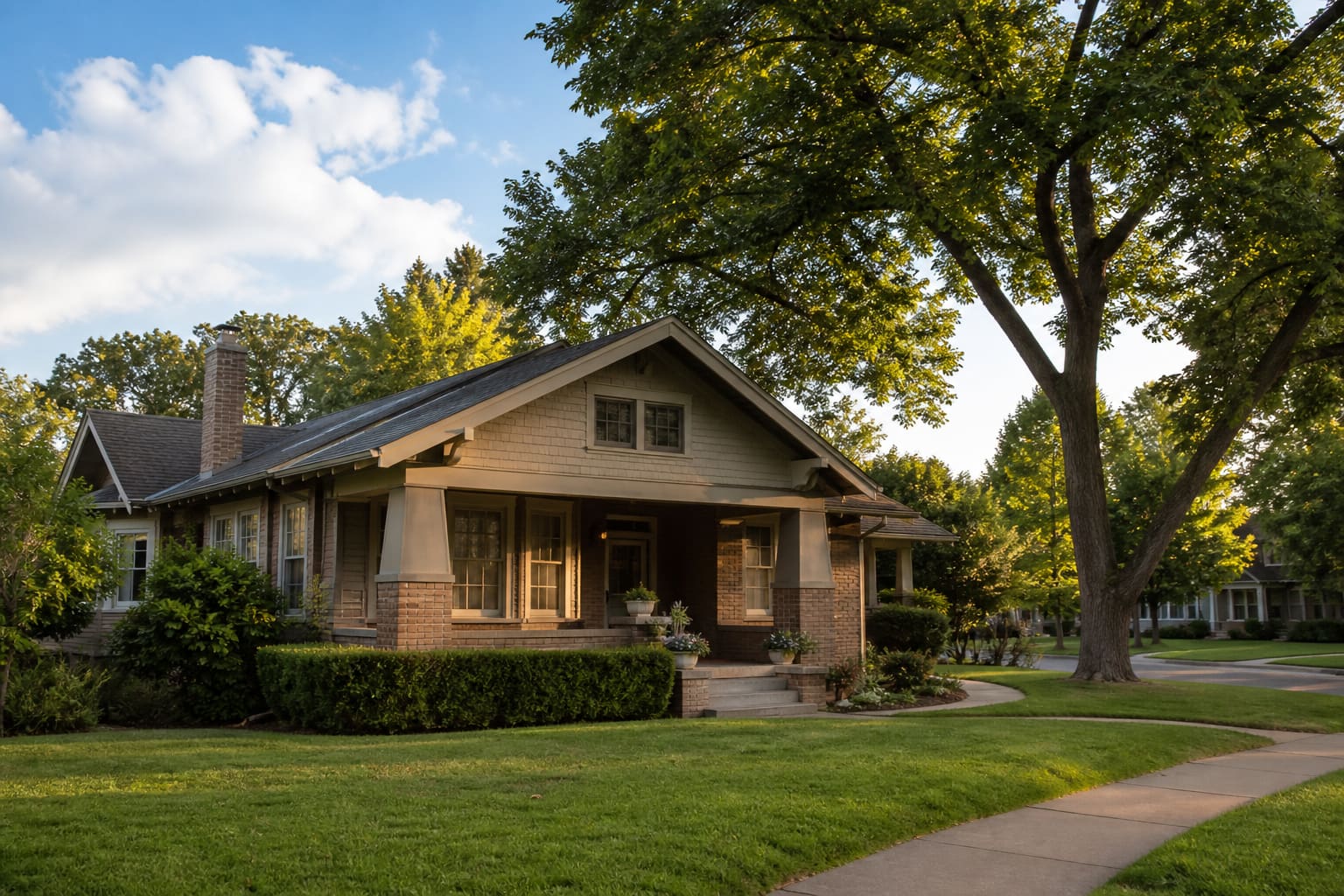 Craftsman bungalow with a wide porch on a tree-lined Oklahoma City street in late-afternoon light