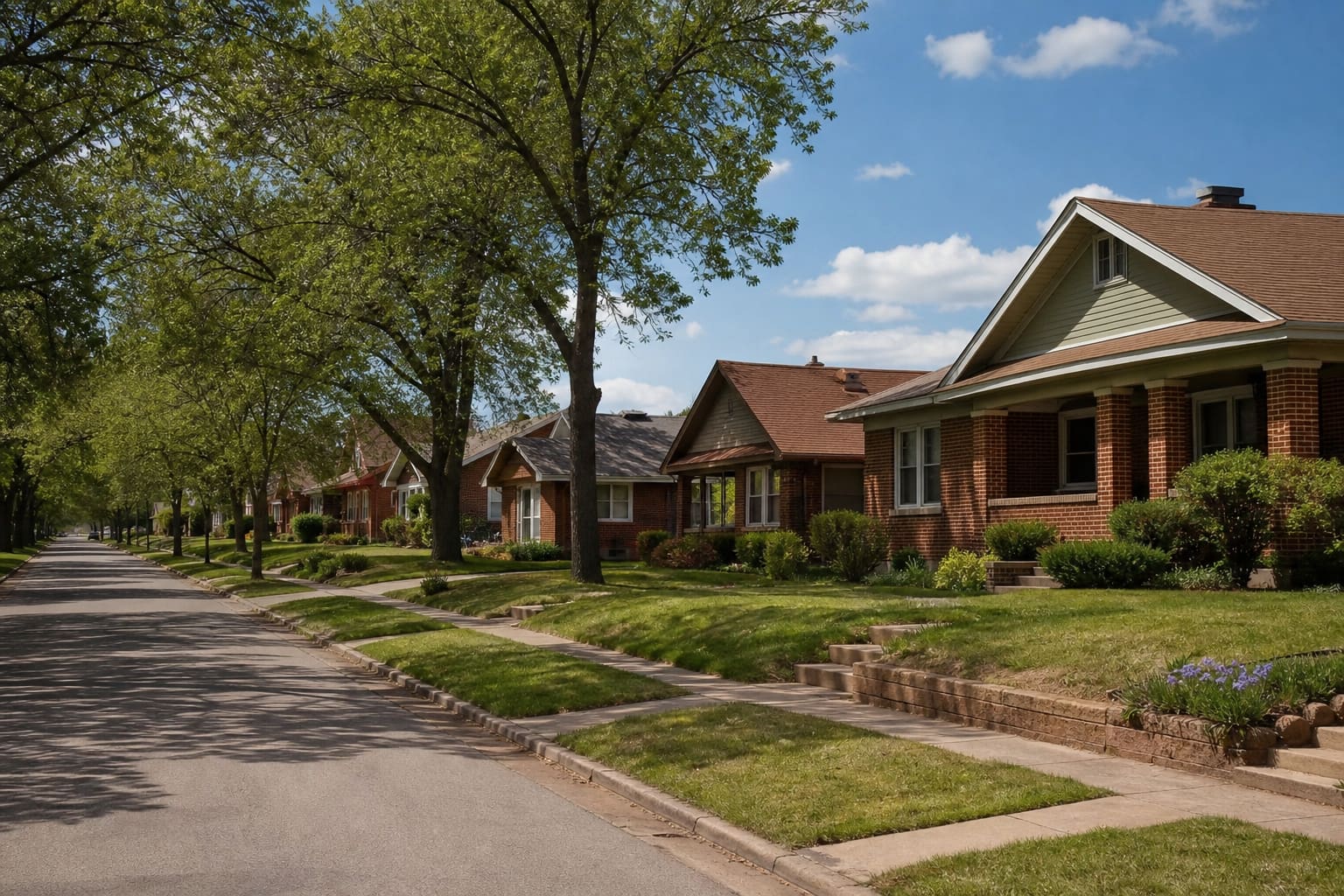 Tree-lined residential street with brick homes in an Oklahoma City neighborhood